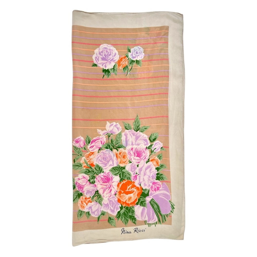 NINA RICCI Vintage Beige Cream Tan Floral Silky Lightweight Neck Scarf